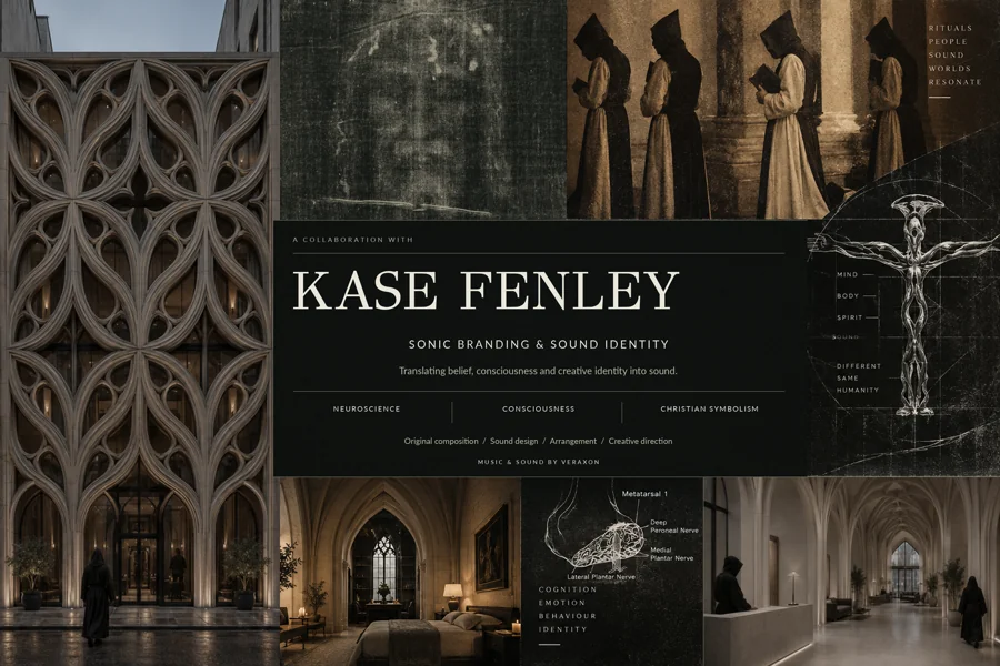 Kase Fenley sound-identity board with stone architecture, human diagrams and symbolic imagery.