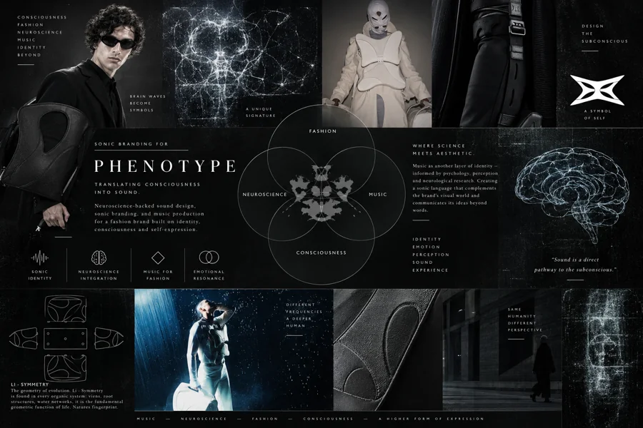 Phenotype concept board connecting fashion, identity, music and perception through clothing and neural imagery.