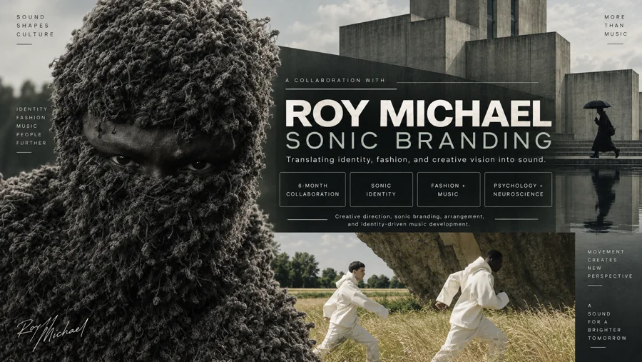 Roy Michael sonic-branding board combining textured fashion, concrete architecture and movement.